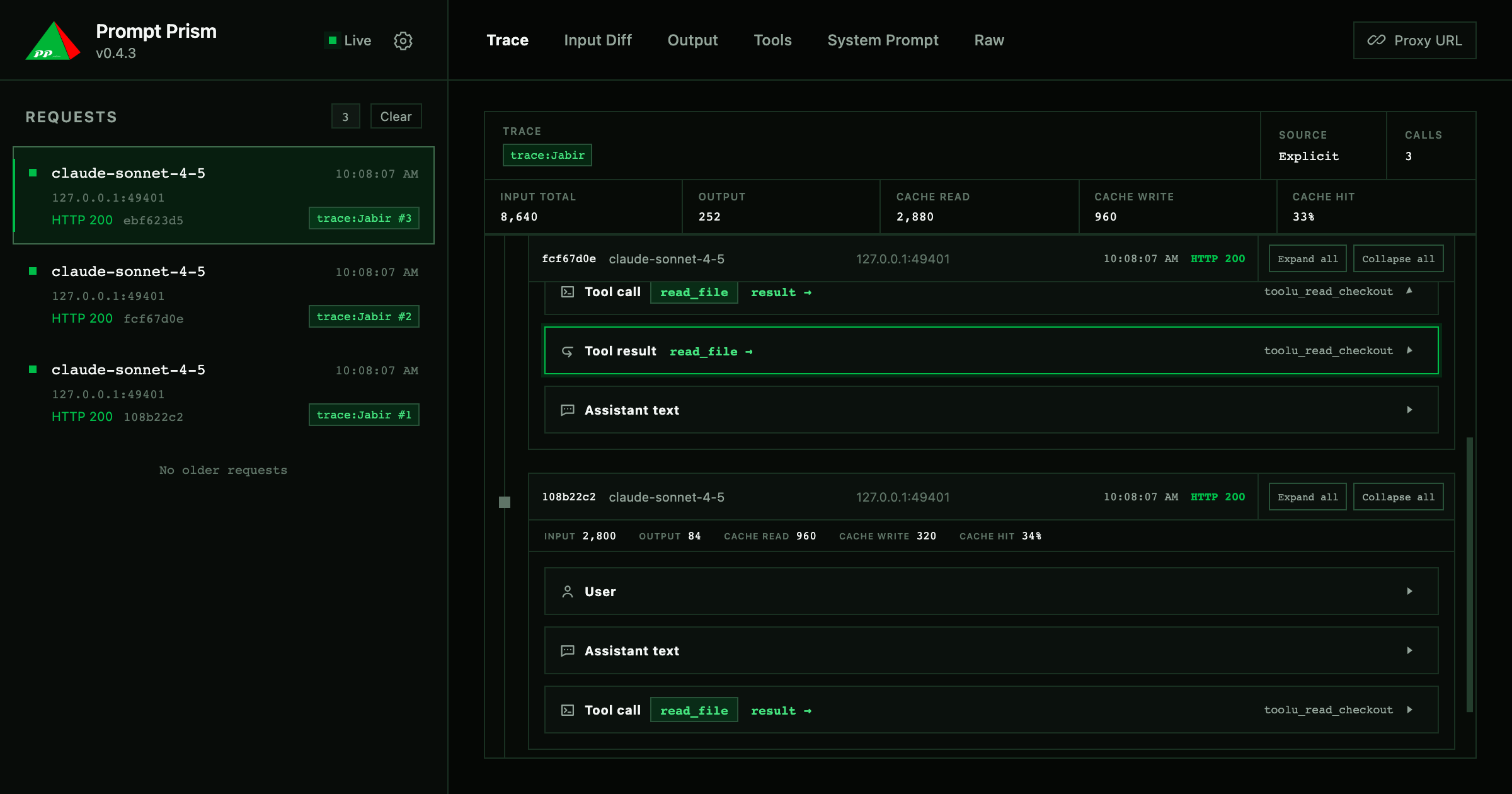 Prompt Prism Dashboard showing a multi-request agent trace and Proxy URL button